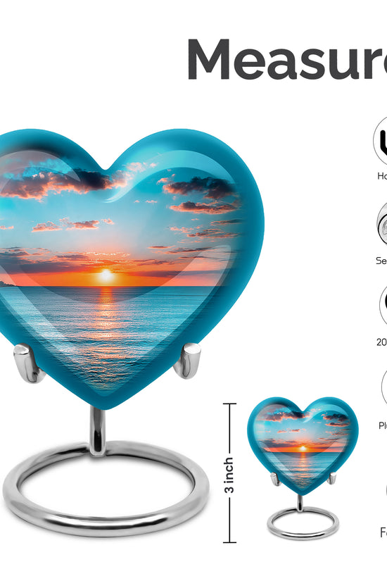 Vivid Teal Beach Cremation Urn front view showing detailed design - romantic heart urn with beach motif on aluminum - mini keepsake memorial for portion of cremation ashes