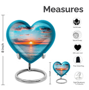 Vivid Teal Beach Cremation Urn front view showing detailed design - romantic heart urn with beach motif on aluminum - mini keepsake memorial for portion of cremation ashes