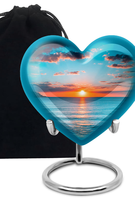 Tropical Teal Beach Cremation Urn detail view - romantic heart urn with beach motif on aluminum - full-size 10 inch 200 cubic inch adult cremation urn