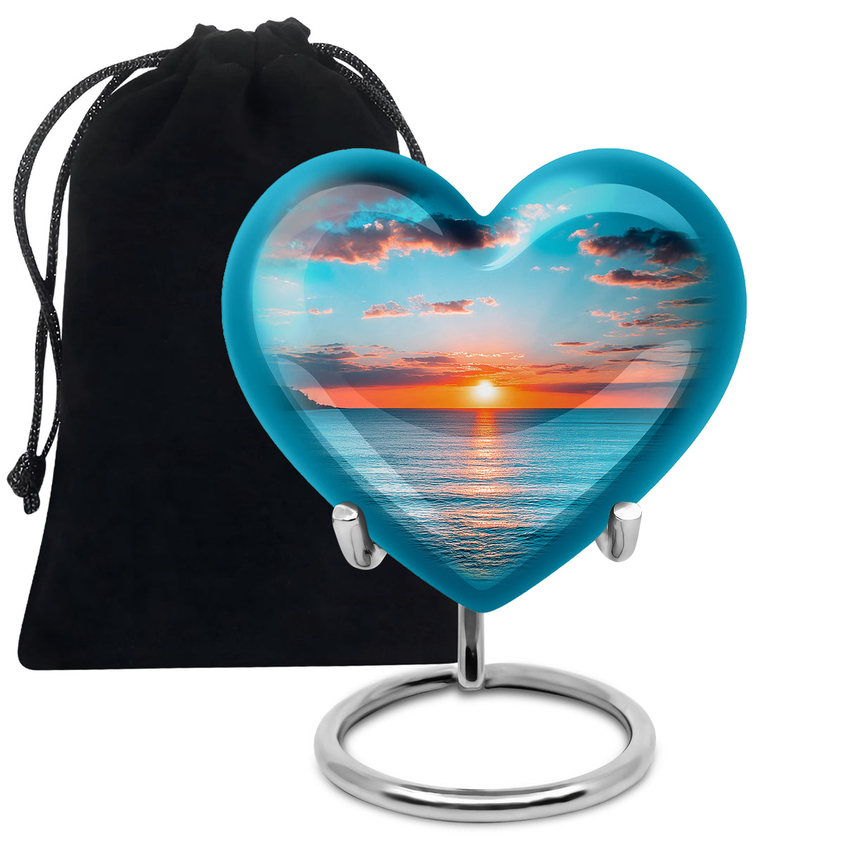 Tropical Teal Beach Cremation Urn detail view - romantic heart urn with beach motif on aluminum - full-size 10 inch 200 cubic inch adult cremation urn