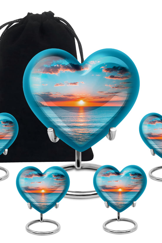 Sea Green Teal Beach Cremation Urn close-up of engraving and surface detail - loving heart memorial featuring beach pattern - memorial set with one large and four small urns
