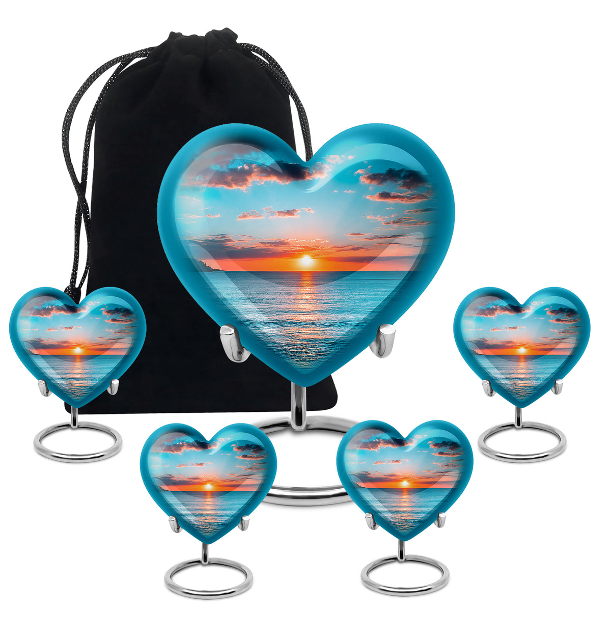 Sea Green Teal Beach Cremation Urn close-up of engraving and surface detail - loving heart memorial featuring beach pattern - memorial set with one large and four small urns
