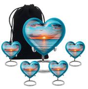 Sea Green Teal Beach Cremation Urn close-up of engraving and surface detail - loving heart memorial featuring beach pattern - memorial set with one large and four small urns