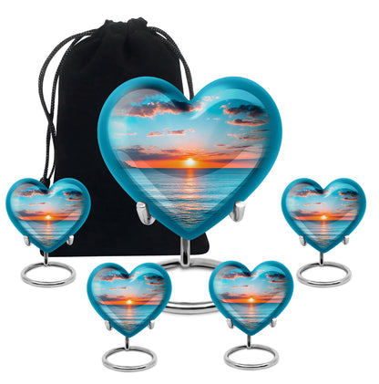 Sea Green Teal Beach Cremation Urn close-up of engraving and surface detail - loving heart memorial featuring beach pattern - memorial set with one large and four small urns