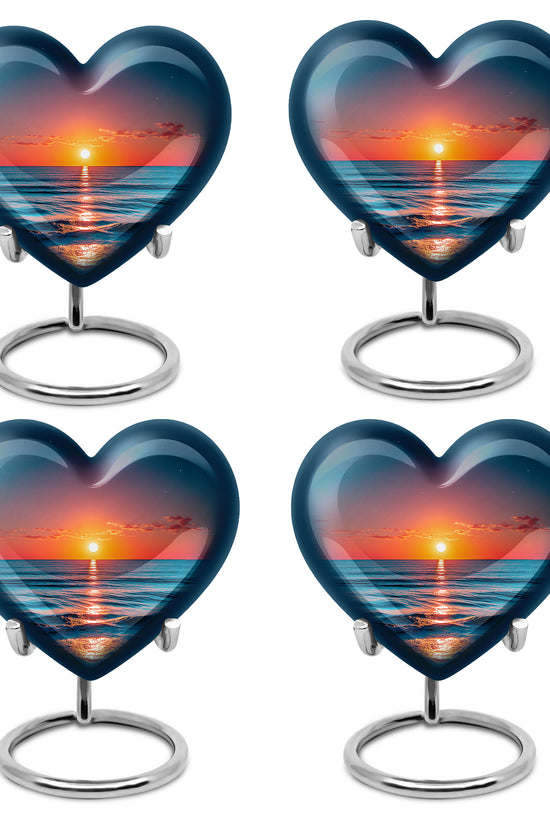 Powder Blue Beach Cremation Urn angled view of lid and engraved motif - heart-shaped beach design symbolizing eternal love - 10 inch aluminum urn for cremated remains