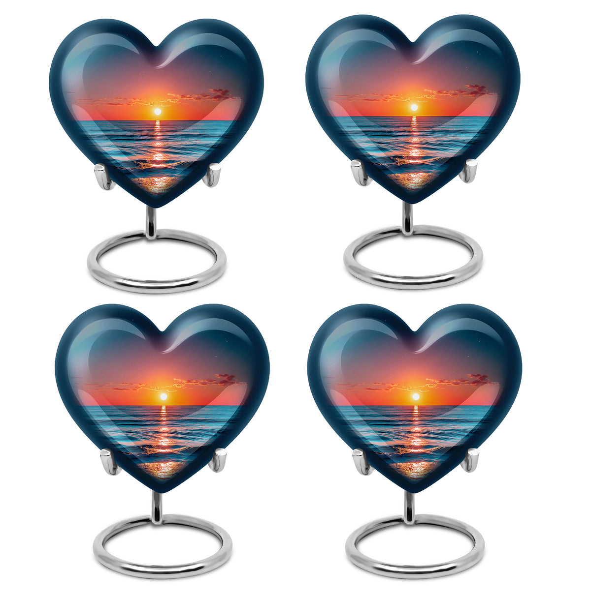 Powder Blue Beach Cremation Urn angled view of lid and engraved motif - heart-shaped beach design symbolizing eternal love - 10 inch aluminum urn for cremated remains