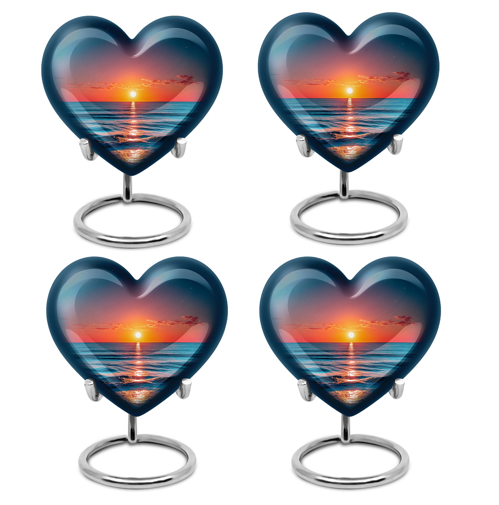 Powder Blue Beach Cremation Urn angled view of lid and engraved motif - heart-shaped beach design symbolizing eternal love - 10 inch aluminum urn for cremated remains