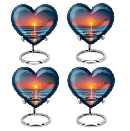 Powder Blue Beach Cremation Urn angled view of lid and engraved motif - heart-shaped beach design symbolizing eternal love - 10 inch aluminum urn for cremated remains