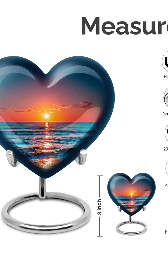 Navy Blue Beach Cremation Urn front view showing detailed design - loving heart memorial featuring beach pattern - mini keepsake memorial for portion of cremation ashes