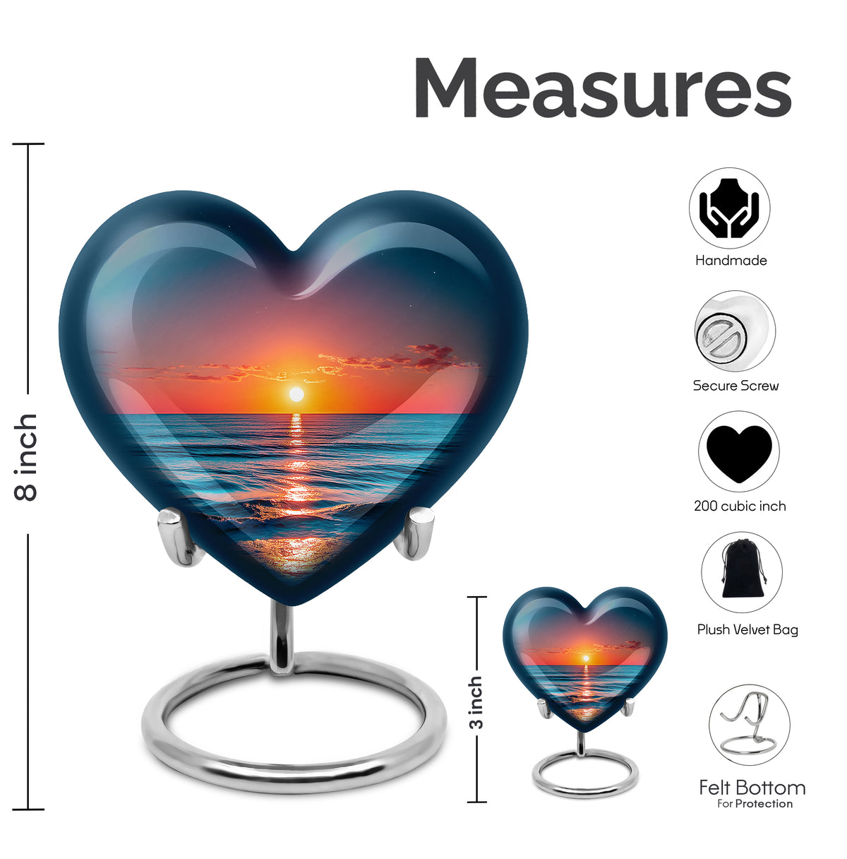 Navy Blue Beach Cremation Urn front view showing detailed design - loving heart memorial featuring beach pattern - mini keepsake memorial for portion of cremation ashes