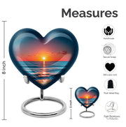 Navy Blue Beach Cremation Urn front view showing detailed design - loving heart memorial featuring beach pattern - mini keepsake memorial for portion of cremation ashes