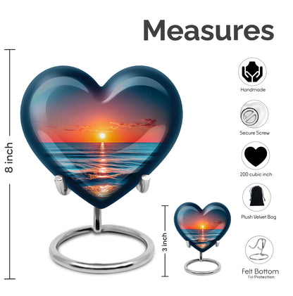 Navy Blue Beach Cremation Urn front view showing detailed design - loving heart memorial featuring beach pattern - mini keepsake memorial for portion of cremation ashes