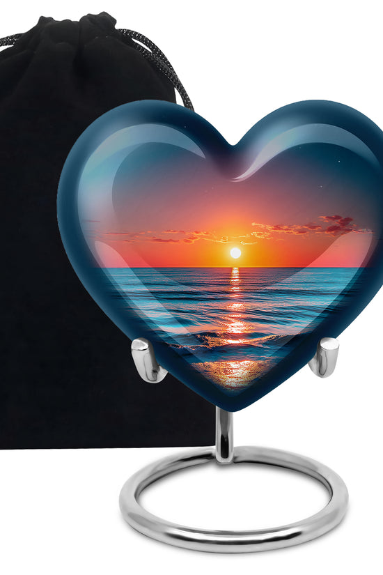 Azure Beach Cremation Urn detail view - loving heart memorial featuring beach pattern - full-size 10 inch 200 cubic inch adult cremation urn