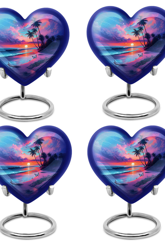 Sapphire Blue Beach Cremation Urn angled view of lid and engraved motif - compassionate heart-beach combination with gentle curves - 10 inch aluminum urn for cremated remains