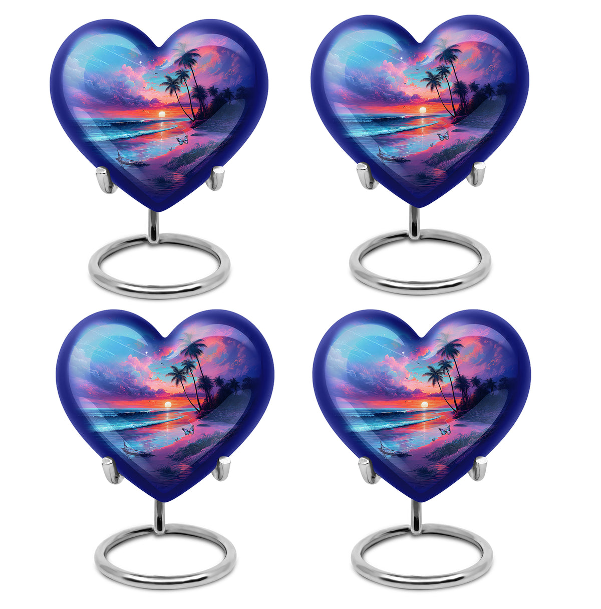 Sapphire Blue Beach Cremation Urn angled view of lid and engraved motif - compassionate heart-beach combination with gentle curves - 10 inch aluminum urn for cremated remains