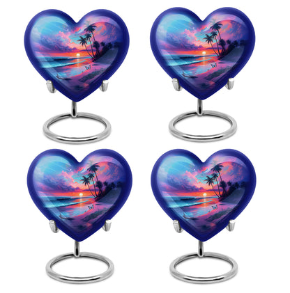Sapphire Blue Beach Cremation Urn angled view of lid and engraved motif - compassionate heart-beach combination with gentle curves - 10 inch aluminum urn for cremated remains