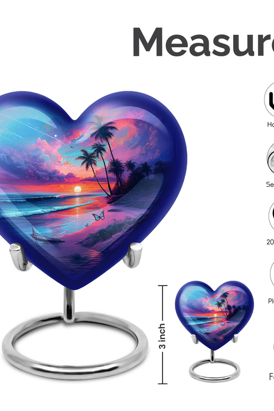 Cornflower Blue Beach Cremation Urn front view showing detailed design - romantic heart urn with beach motif on aluminum - mini keepsake memorial for portion of cremation ashes