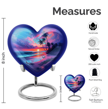 Cornflower Blue Beach Cremation Urn front view showing detailed design - romantic heart urn with beach motif on aluminum - mini keepsake memorial for portion of cremation ashes
