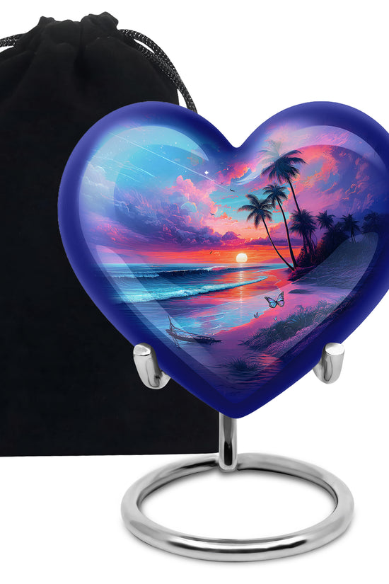 Sapphire Blue Beach Cremation Urn detail view - compassionate heart-beach combination with gentle curves - full-size 10 inch 200 cubic inch adult cremation urn