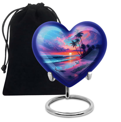 Sapphire Blue Beach Cremation Urn detail view - compassionate heart-beach combination with gentle curves - full-size 10 inch 200 cubic inch adult cremation urn
