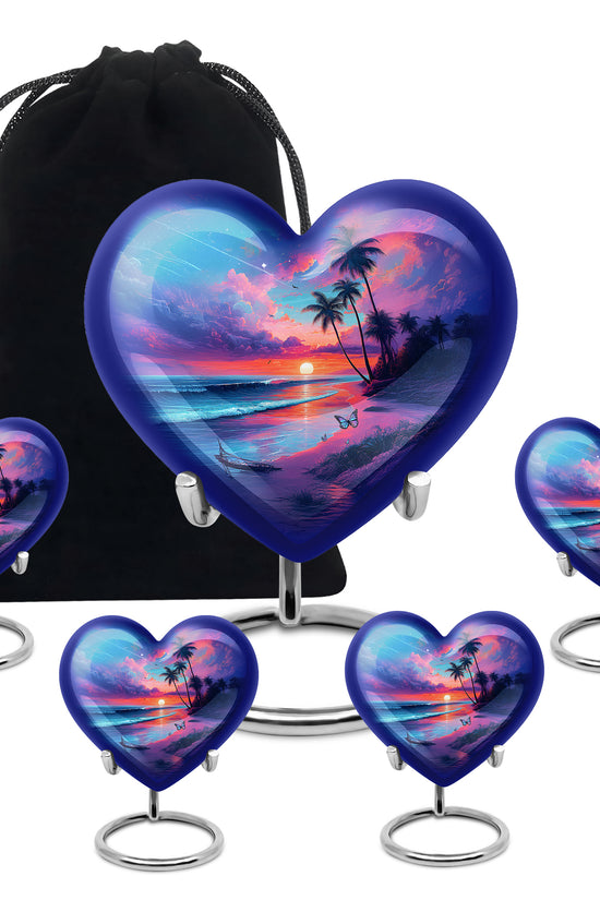 Steel Blue Beach Cremation Urn close-up of engraving and surface detail - romantic heart urn with beach motif on aluminum - memorial set with one large and four small urns