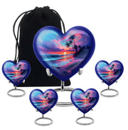 Steel Blue Beach Cremation Urn close-up of engraving and surface detail - romantic heart urn with beach motif on aluminum - memorial set with one large and four small urns