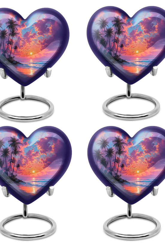 Indigo Beach Cremation Urn angled view of lid and engraved motif - loving heart memorial featuring beach pattern - 10 inch aluminum urn for cremated remains