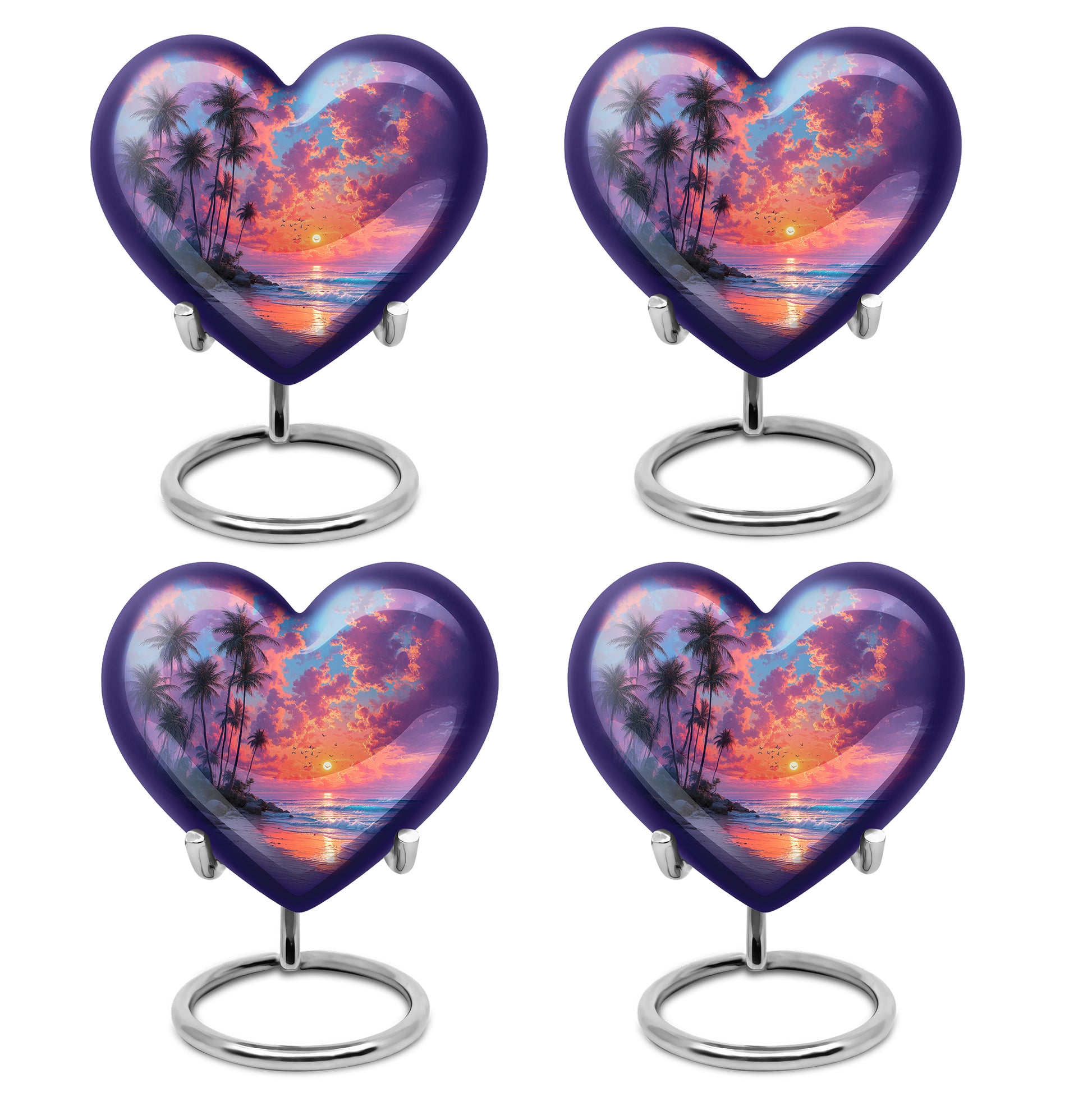 Indigo Beach Cremation Urn angled view of lid and engraved motif - loving heart memorial featuring beach pattern - 10 inch aluminum urn for cremated remains