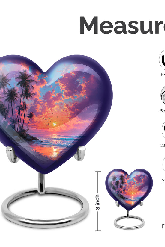 Steel Blue Beach Cremation Urn front view showing detailed design - compassionate heart-beach combination with gentle curves - mini keepsake memorial for portion of cremation ashes