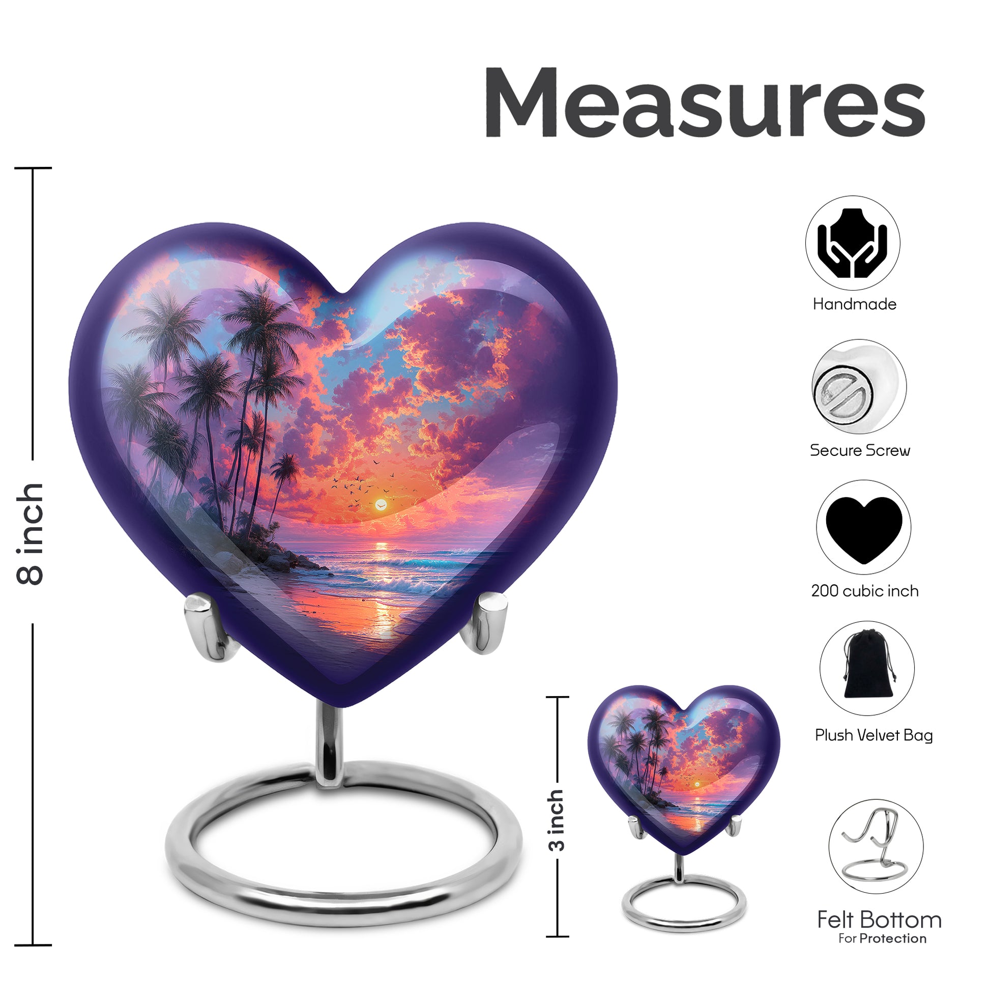 Steel Blue Beach Cremation Urn front view showing detailed design - compassionate heart-beach combination with gentle curves - mini keepsake memorial for portion of cremation ashes