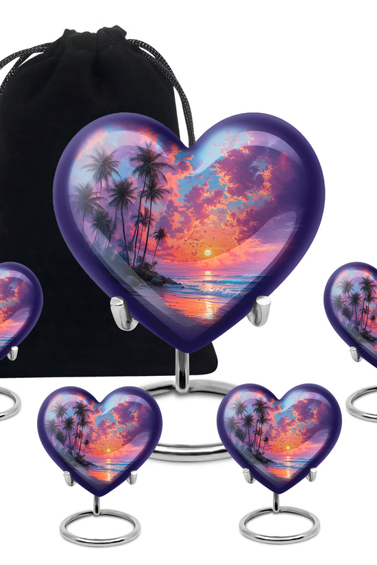 Royal Blue Beach Cremation Urn close-up of engraving and surface detail - romantic heart urn with beach motif on aluminum - memorial set with one large and four small urns
