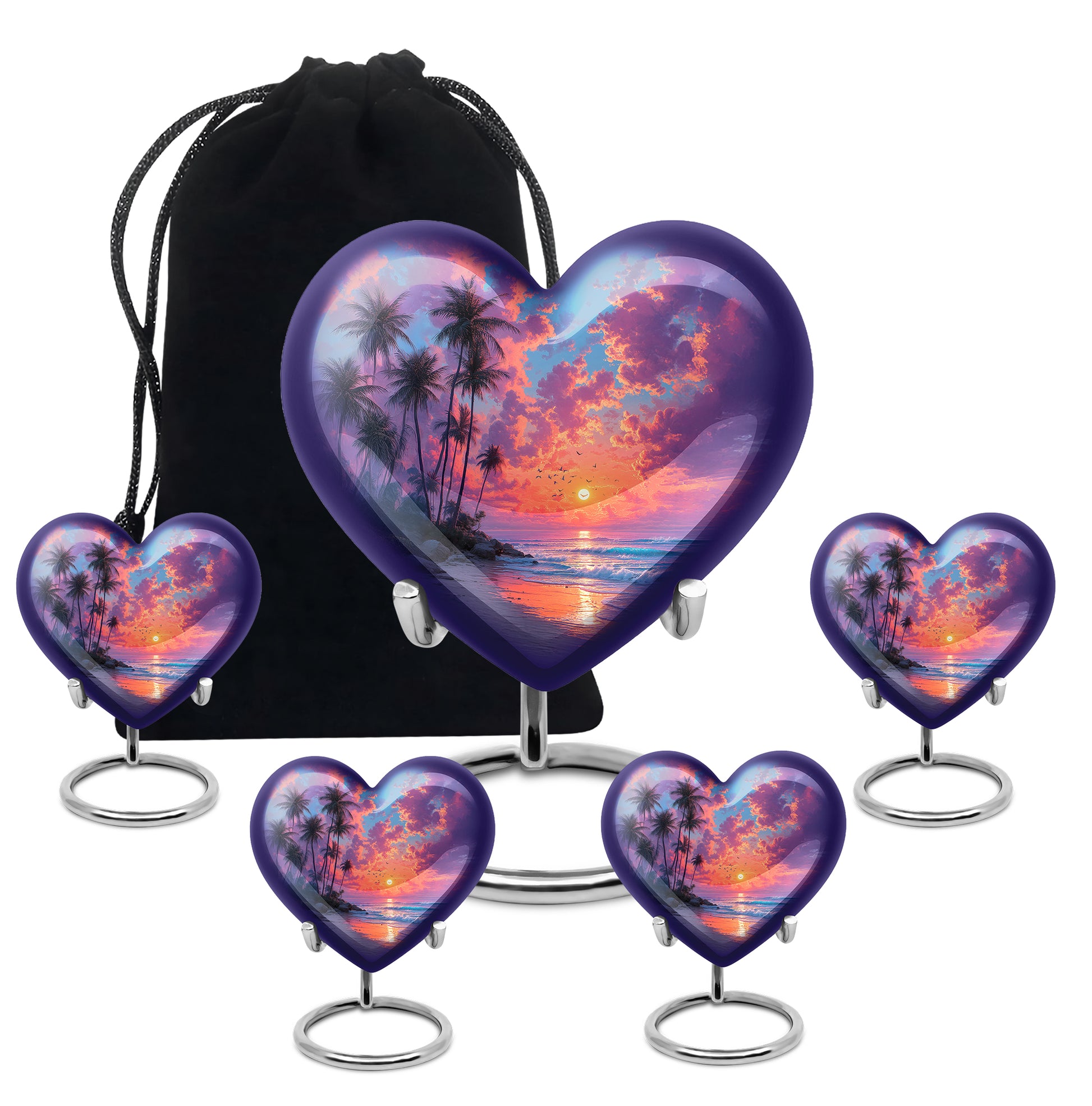 Royal Blue Beach Cremation Urn close-up of engraving and surface detail - romantic heart urn with beach motif on aluminum - memorial set with one large and four small urns
