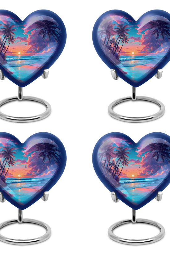 Pastel Blue Beach Cremation Urn angled view of lid and engraved motif - heart-shaped beach design symbolizing eternal love - 10 inch aluminum urn for cremated remains