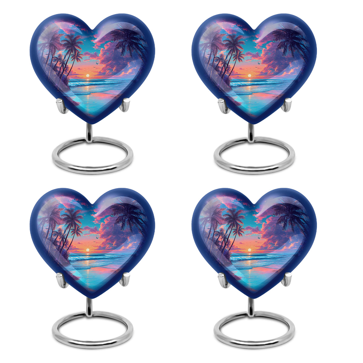 Pastel Blue Beach Cremation Urn angled view of lid and engraved motif - heart-shaped beach design symbolizing eternal love - 10 inch aluminum urn for cremated remains
