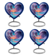 Pastel Blue Beach Cremation Urn angled view of lid and engraved motif - heart-shaped beach design symbolizing eternal love - 10 inch aluminum urn for cremated remains