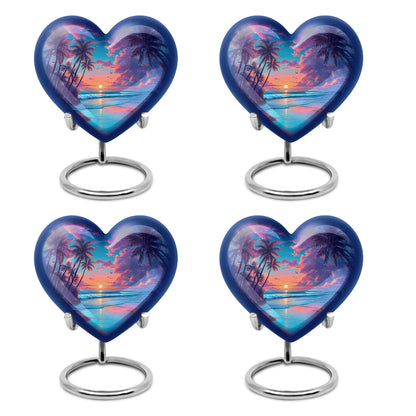 Pastel Blue Beach Cremation Urn angled view of lid and engraved motif - heart-shaped beach design symbolizing eternal love - 10 inch aluminum urn for cremated remains
