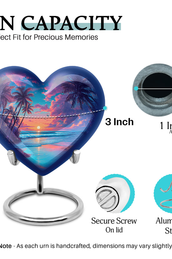 Cobalt Blue Beach Cremation Urn front view showing detailed design - compassionate heart-beach combination with gentle curves - mini keepsake memorial for portion of cremation ashes