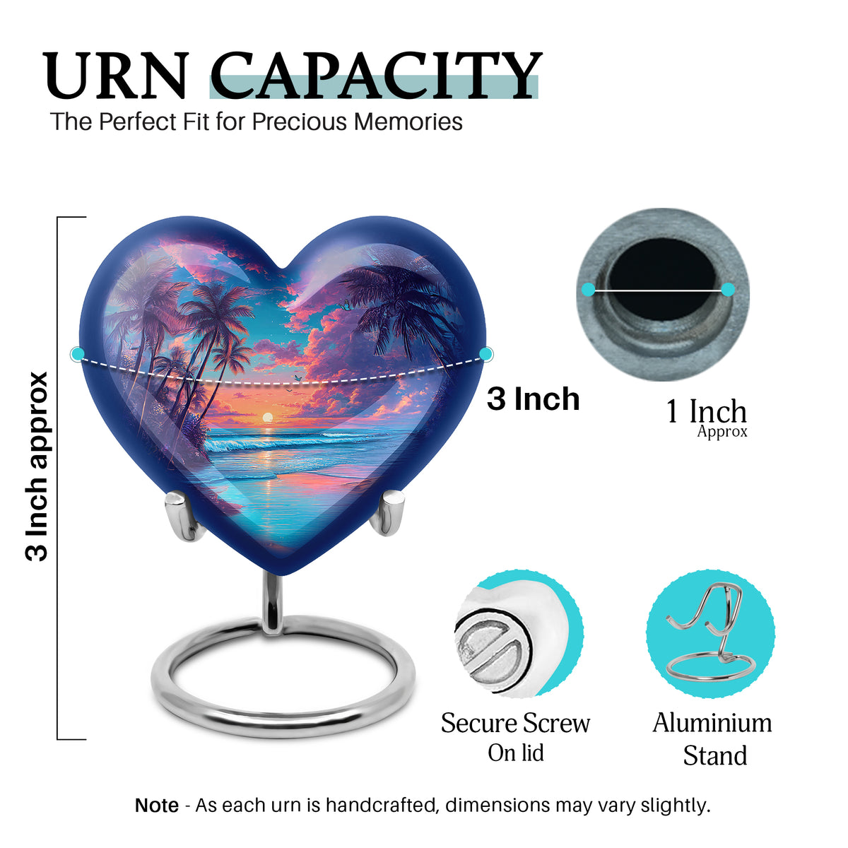 Cobalt Blue Beach Cremation Urn front view showing detailed design - compassionate heart-beach combination with gentle curves - mini keepsake memorial for portion of cremation ashes
