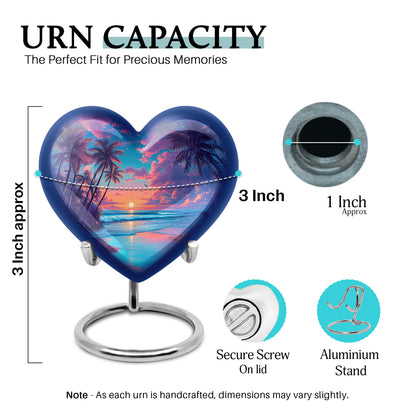 Cobalt Blue Beach Cremation Urn front view showing detailed design - compassionate heart-beach combination with gentle curves - mini keepsake memorial for portion of cremation ashes