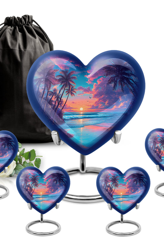 Azure Beach Cremation Urn close-up of engraving and surface detail - heart-shaped beach design symbolizing eternal love - memorial set with one large and four small urns