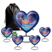 Azure Beach Cremation Urn close-up of engraving and surface detail - heart-shaped beach design symbolizing eternal love - memorial set with one large and four small urns