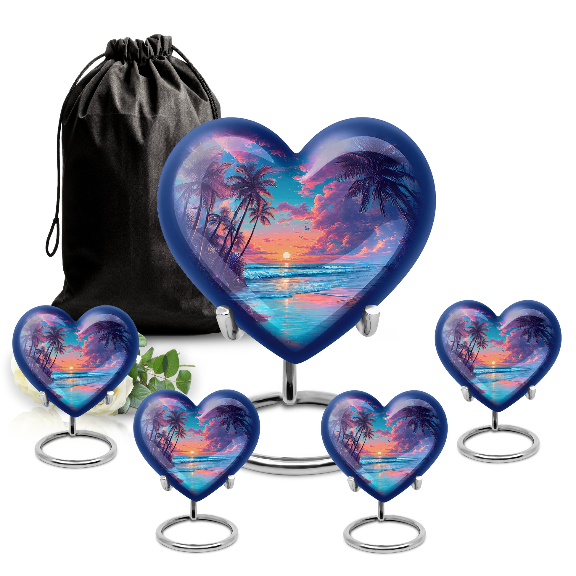 Azure Beach Cremation Urn close-up of engraving and surface detail - heart-shaped beach design symbolizing eternal love - memorial set with one large and four small urns