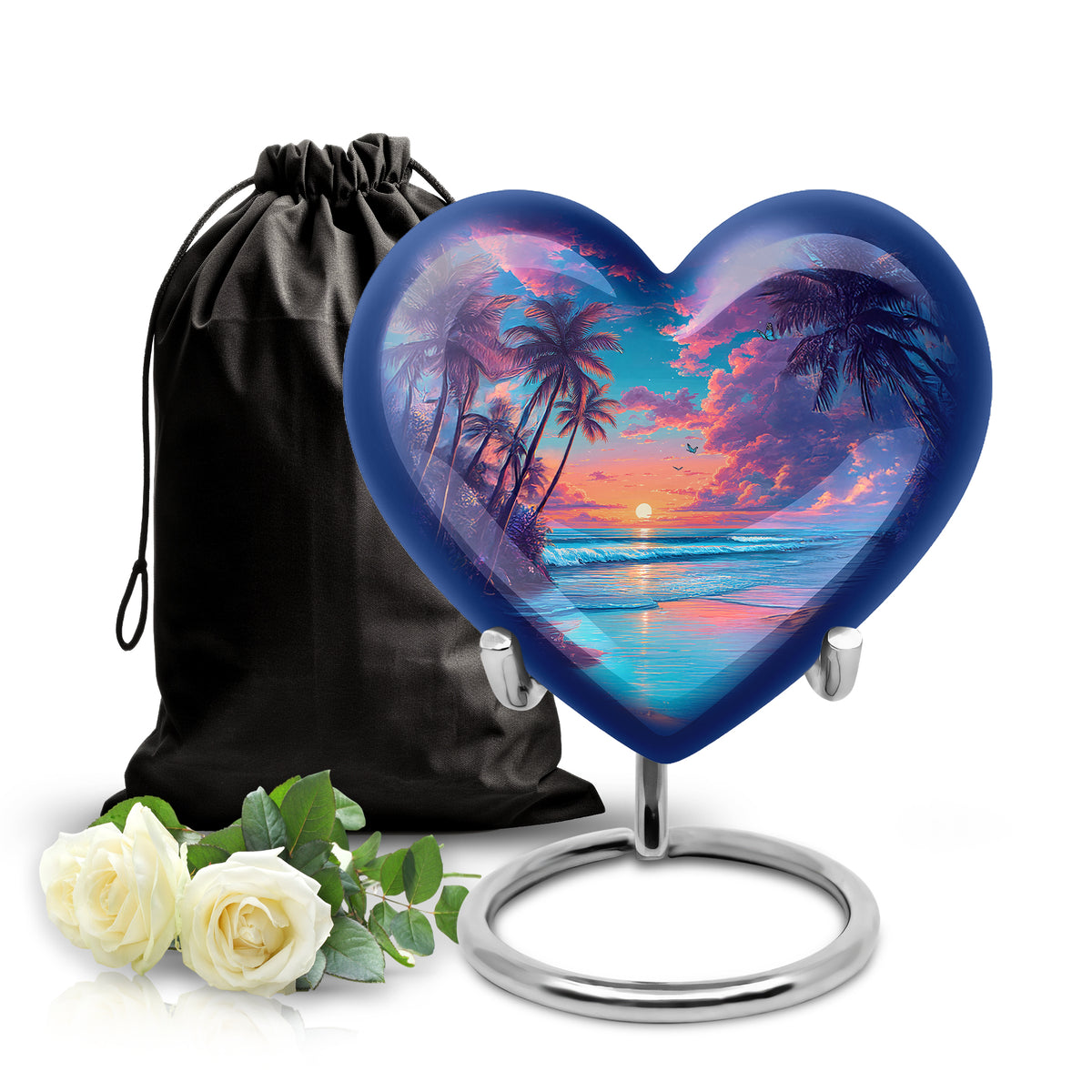 Vivid Blue Beach Cremation Urn detail view - compassionate heart-beach combination with gentle curves - full-size 10 inch 200 cubic inch adult cremation urn