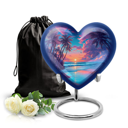 Vivid Blue Beach Cremation Urn detail view - compassionate heart-beach combination with gentle curves - full-size 10 inch 200 cubic inch adult cremation urn