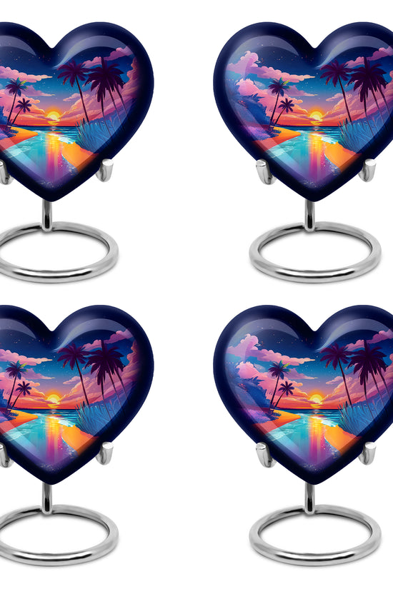Vivid Blue Beach Cremation Urn angled view of lid and engraved motif - romantic heart urn with beach motif on aluminum - 10 inch aluminum urn for cremated remains