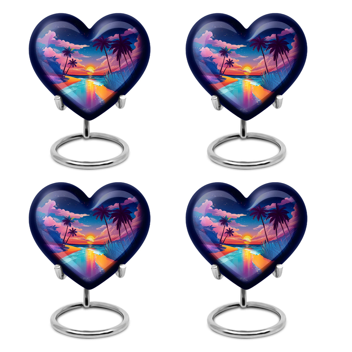 Vivid Blue Beach Cremation Urn angled view of lid and engraved motif - romantic heart urn with beach motif on aluminum - 10 inch aluminum urn for cremated remains