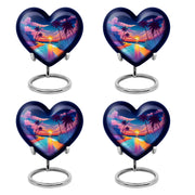 Vivid Blue Beach Cremation Urn angled view of lid and engraved motif - romantic heart urn with beach motif on aluminum - 10 inch aluminum urn for cremated remains