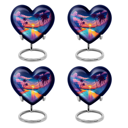Vivid Blue Beach Cremation Urn angled view of lid and engraved motif - romantic heart urn with beach motif on aluminum - 10 inch aluminum urn for cremated remains