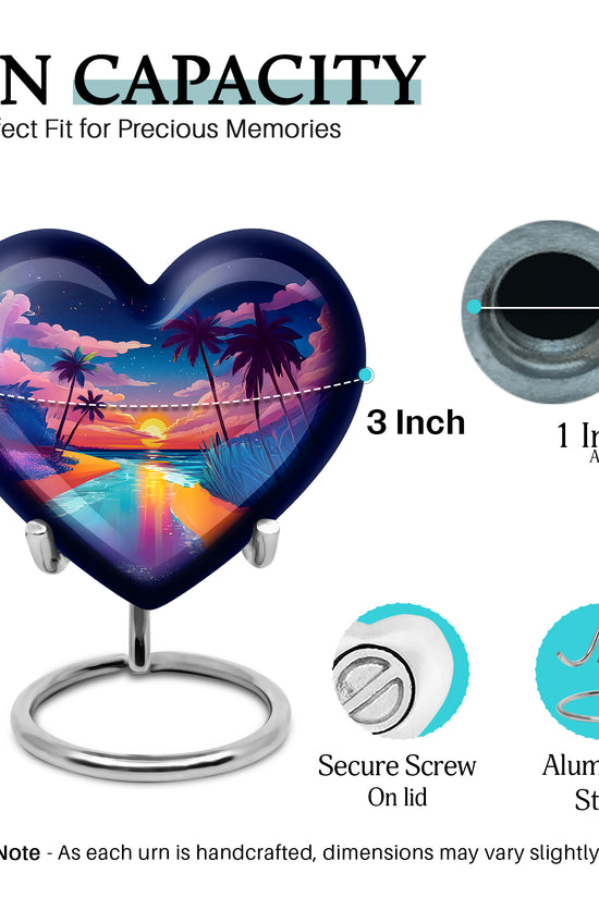 Indigo Beach Cremation Urn front view showing detailed design - heart-shaped beach design symbolizing eternal love - mini keepsake memorial for portion of cremation ashes