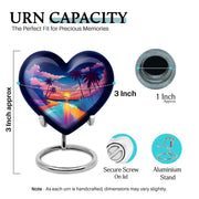 Indigo Beach Cremation Urn front view showing detailed design - heart-shaped beach design symbolizing eternal love - mini keepsake memorial for portion of cremation ashes